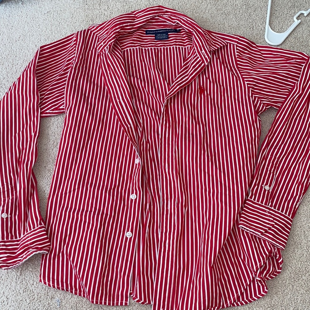 Red and White Ralph Lauren Striped Button Up!